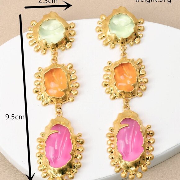 Yellow Gold Vintage Women's Geo Asymmetrical Metal & Acrylic Pendant Earrings - Picture 2 of 4